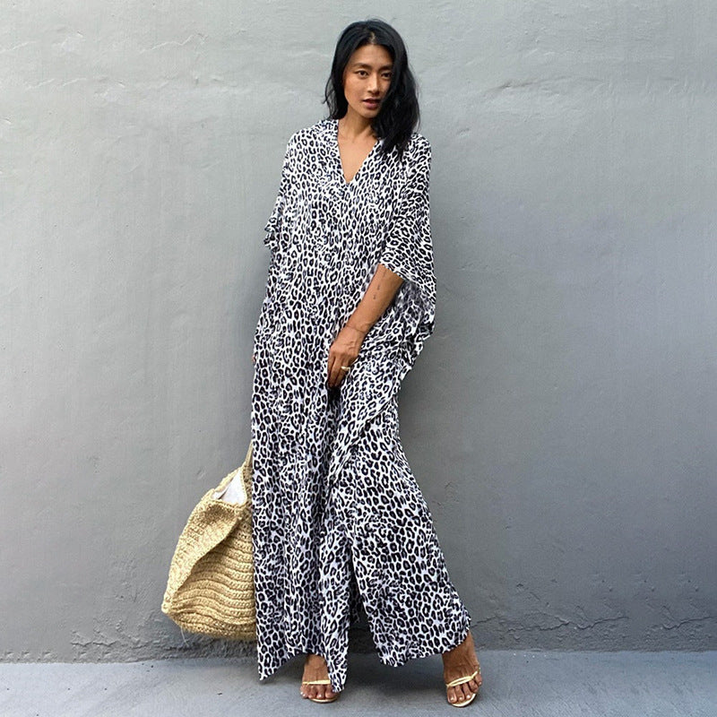 Leopard Print Long Cardigan Loose Beach Sun Protection Coat Beach Cover Up Swimsuit Outwear Women Bella Mia